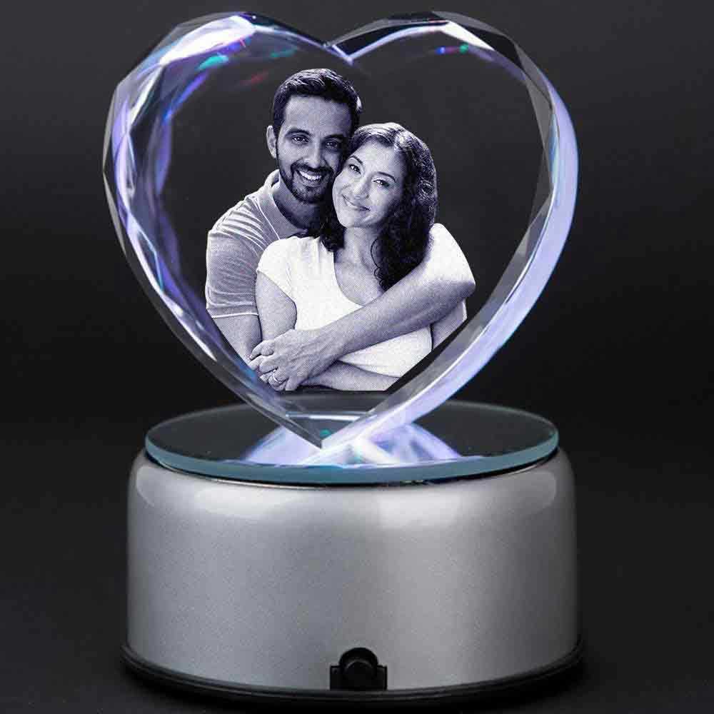 3d Diamond Cut Heart Shape Crystal With Led Light Base